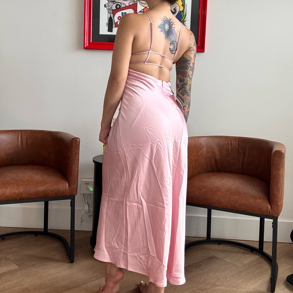NWT Zara Elegant Pink Satin Backless Midi Slip Dress Size XS